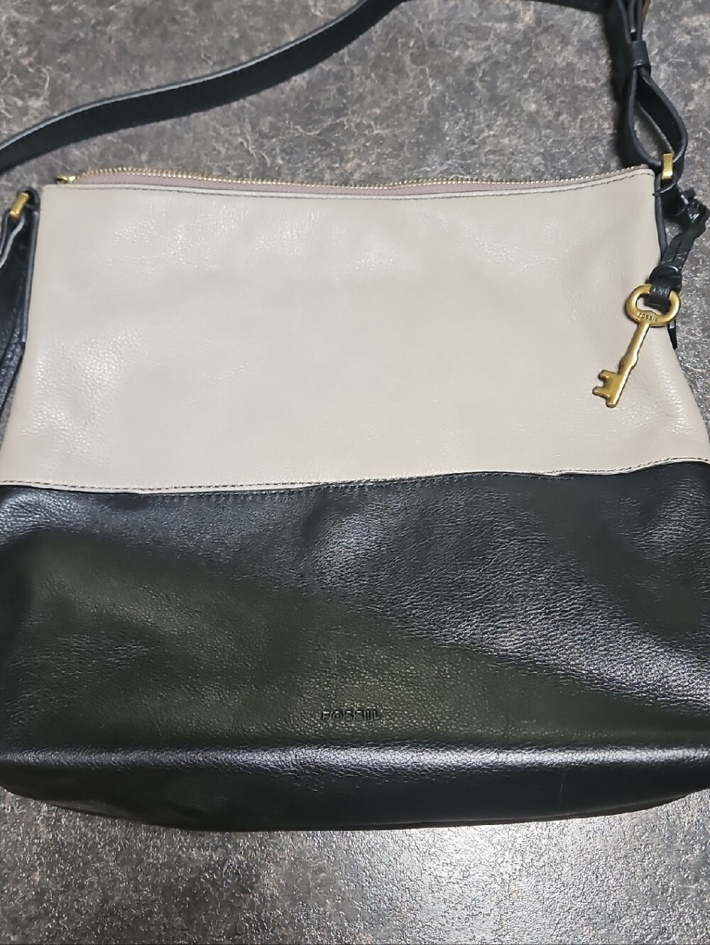 Fossil Charlotte Hobo leather bag in a black and taupe colorblock design.